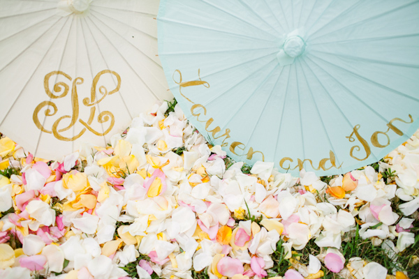 Pretty light blue and white customized umbrellas with gold writing - photo by Dan Stewart Photography